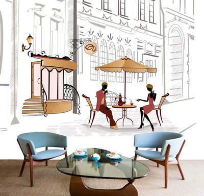 Cafenea de stradă și turiști la o masă sub o umbrelă Ske1150 фото