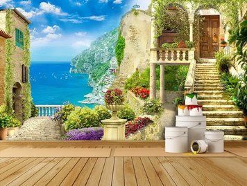 Фотообои - "Фреска Дворик в цветах на фоне моря и гор" Fre5051 фото
