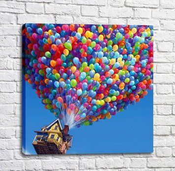 Poster Casa care se ridică pe cerul albastru pe mii de bile colorate Mul16271 фото
