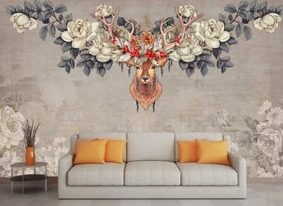 Голова оленя с цветами, шишками и ягодами на рогах в винтажном стиле Ris1451 фото