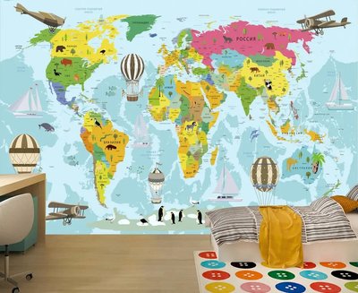 Harta multicoloră a țărilor lumii pe un fundal albastru cu avioane și baloane Fot451 фото