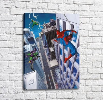 Постер Человек паук и его враги на фоне высотных зданий, комиксы Mul16621 фото