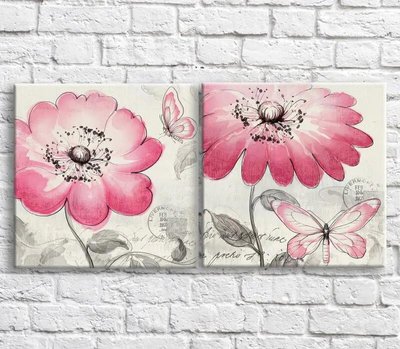 Картина Розовые полевые цветы и бабочки на черно белом фоне, винтаж, диптих TSv10502 фото
