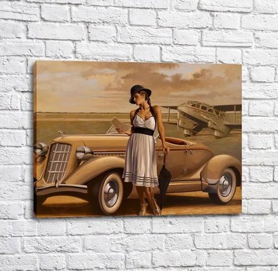 Poster Fată într-o rochie albă pe fundalul unei mașini retro Put17336 фото