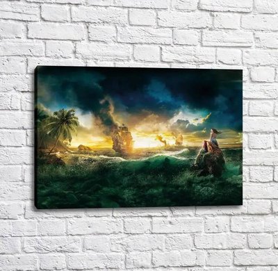 Постер Сказочные русалки в море на фоне горящих кораблей Mul16622 фото