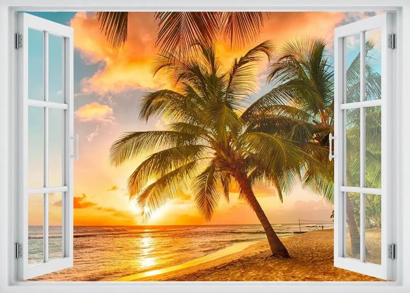 Наклейка на стену, 3D-окно с видом на море на закате W180 фото