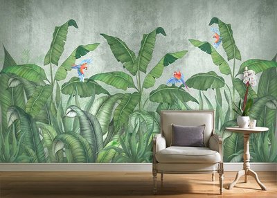 Frunze verzi de palmier și papagali, pe un perete gri TSv253 фото