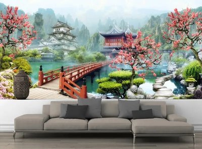 Peisaj mural japonez, pagode pe lac și flori de sakura Fre5003 фото