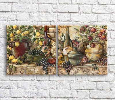 Картина Вино, виноград и растения, натюрморт, диптих Eda8403 фото