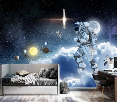 Astronaut, sateliți și planete pe fundalul cerului cosmic cu nori Fot503 фото