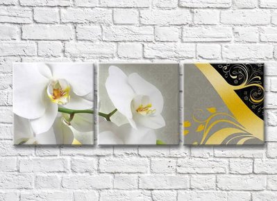Triptic Orhidee albă pe fundal gri și modele aurii 3D7754 фото