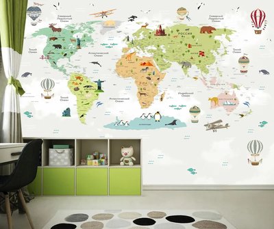 Harta multicolora a lumii pentru copii pe un fundal verde pastel Fot454 фото