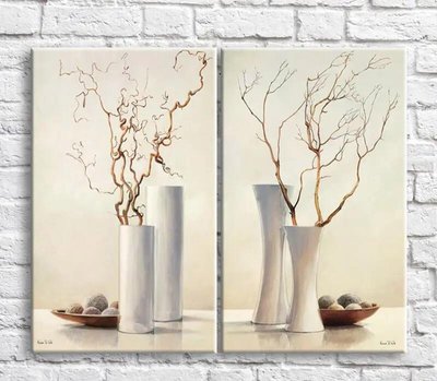 Картина Белые вазы и ветви на бежевом фоне, натюрморт, диптих TSv10554 фото