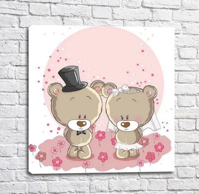 Poster Domnul și doamna Teddy pe un fundal de flori roz Mul16324 фото