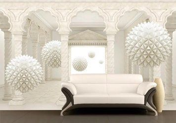 Фотообои - "3D сферы, исчезающие в пространстве колонного зала" 3D4855 фото
