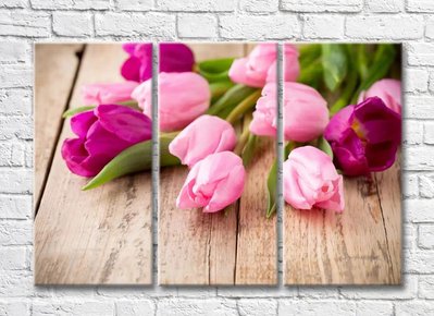 Букет розовых тюльпанов на деревянном дощатом фоне TSv5455 фото