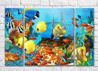 Триптих Затонувший корабль и разноцветные рыбки Mor10055 фото