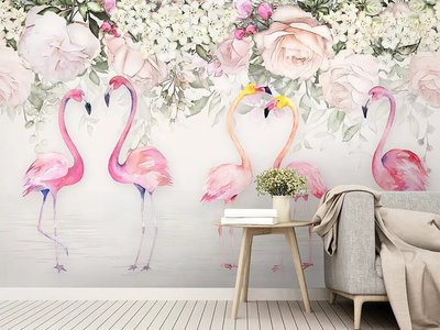 Fototapet Cinci flamingo roz pe un fundal floral Dly2855 фото