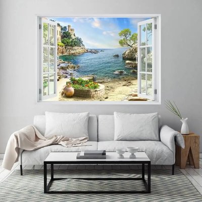 Наклейка на стену, Окно с видом на пляжный замок W27 фото