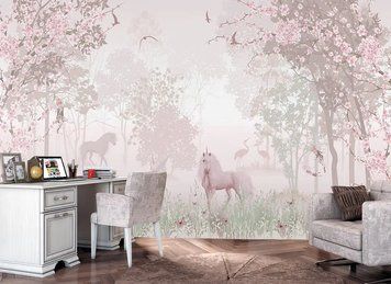 Fototapet - "Unicorni și păsări &icirc;ntr-o pădure &icirc;nflorită" Ska606 фото