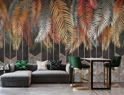 Ramuri de palmier multicolore pe un fundal întunecat cu modele geometrice TSv306 фото