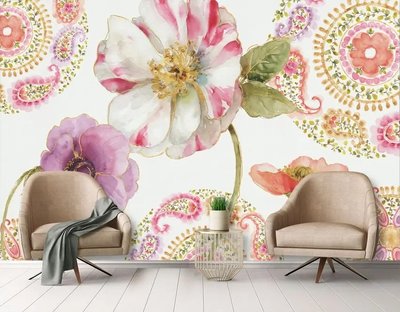 Fototapet cu flori albe și roz și modele paisley, acuarelă Flo1706 фото