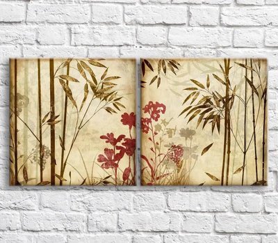 Картина Бамбук и красные цветы на коричневом фоне, диптих TSv10556 фото