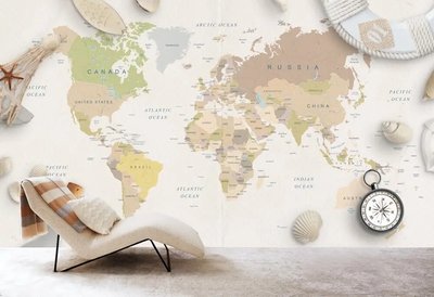 Harta lumii pe un fundal deschis cu scoici și busolă Sov1107 фото