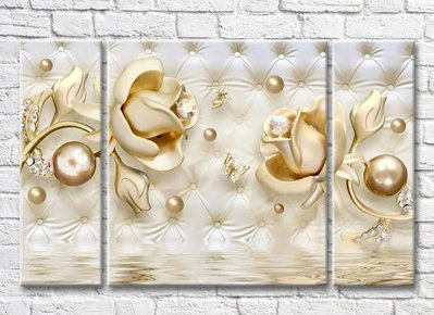 Триптих Золотые розы и бриллианты на фоне каретной обивки 3D7907 фото