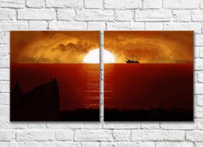 Диптих Корабль в море на фоне красного заката Mor8257 фото