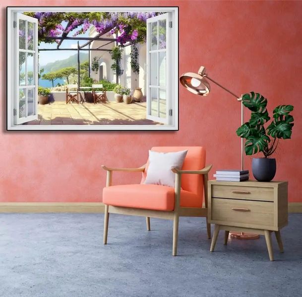 Наклейка на стену, 3D-окно с видом на террасу с фиолетовыми цветами W125 фото