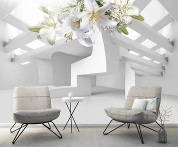 Фотообои - "Белые лилии на фоне геометрических переплетений в 3D эффекте" 3D4858 фото