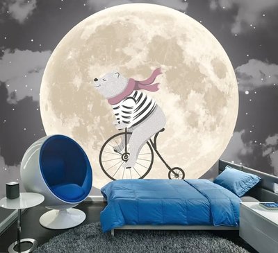 Ursuleț cu o eșarfă pe o bicicletă pe fundalul lunii și al cerului înstelat Fot458 фото