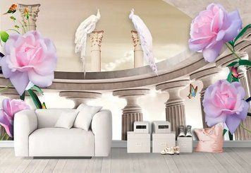Фотообои - "Розовые цветы и павлины на колоннах" 3D5409 фото