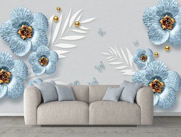 Фотообои - "Голубая цветочная бижутерия на сером фоне с бабочками" 3D4659 фото