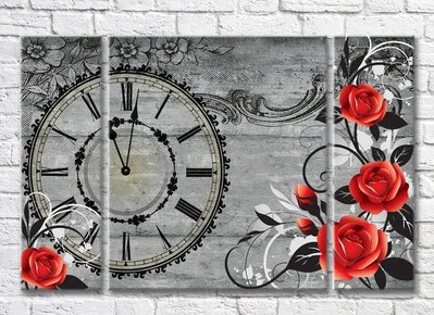 Triptic Trandafiri roșii pe fundal vintage cu ceas 3D7809 фото