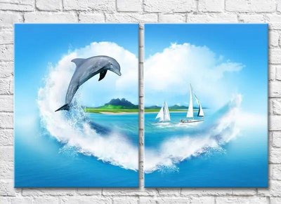 Diptic Delfini și bărci cu pânze pe mare Mor8159 фото