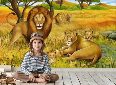Фотообои Лев и его семейство на фоне желтого поля Ska5159 фото