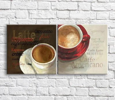 Pictură Cafea și Cappuccino pe fond alb și maro, diptic Eda8809 фото