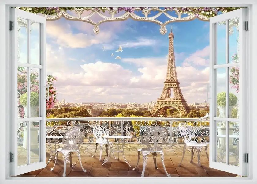 Наклейка на стену, 3D-окно с видом на французскую террасу W123 фото