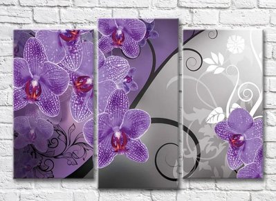 Triptic Orhidee liliac pe un fundal gri cu modele albe 3D7760 фото