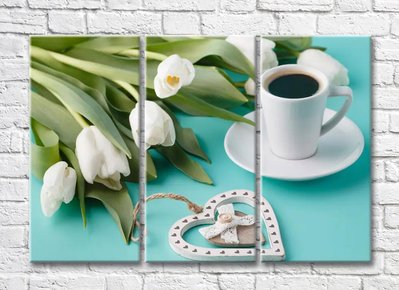 Букет белых тюльпанов и чашечка кофе TSv5460 фото