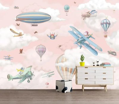 Летающие аппараты и животные на розовом фоне неба с облаками Akv1360 фото