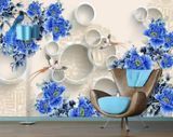 Фотообои - "Ярко синиие цветы и птицы на светлом 3д фоне" 3D5411 фото