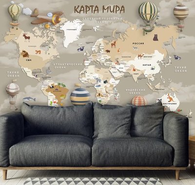 Карта мира в коричнево бежевых оттенках, ретро на русском языке Det261 фото