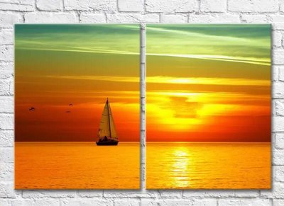Diptic Barcă cu vele împotriva unui apus galben de soare Mor8212 фото