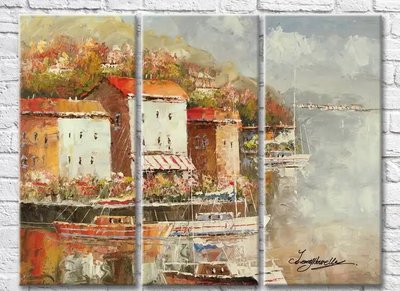 Триптих Лодки и прибрежные домики с маркизами Sre7562 фото