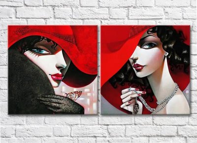 Диптих Портреты девушек в красных шляпах, работы современного художника Lyu6963 фото