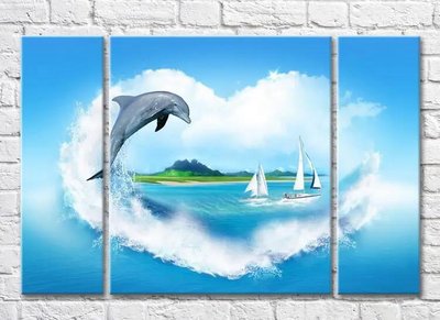Триптих Парусники и дельфин в море Mor10063 фото