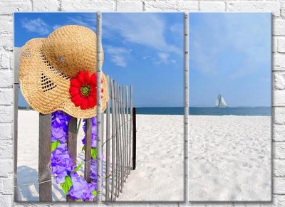 Triptic Pălărie cu o floare pe un gard de plajă Mor10013 фото
